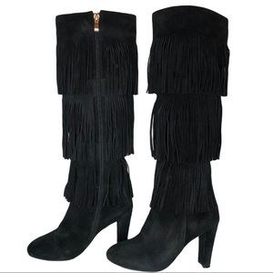 Stuart Weitzman Fringie Black Suede Fringe Boots
